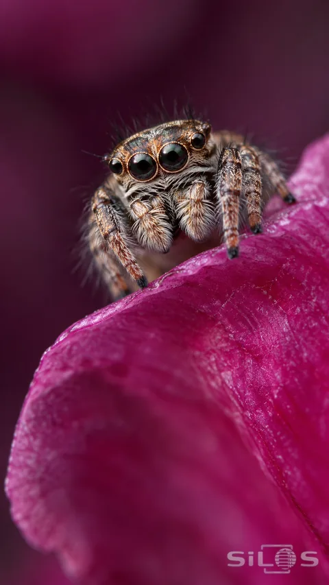 A tiny jumping spider pauses on the curled edge of a magenta flower petal