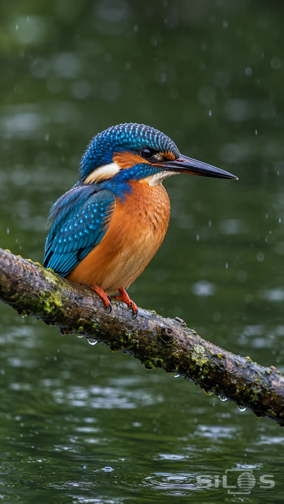 A blue and copper kingfisher rests on a slender branch above a softly blurred pond