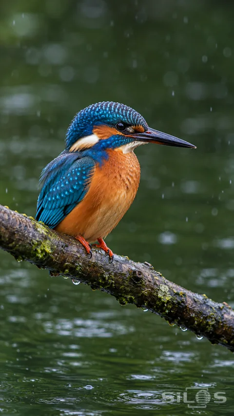 A blue and copper kingfisher rests on a slender branch above a softly blurred pond