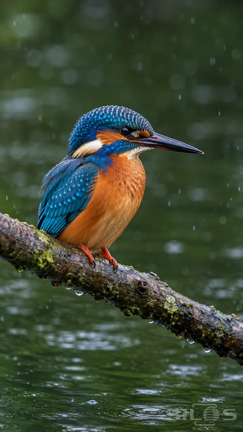 A blue and copper kingfisher rests on a slender branch above a softly blurred pond