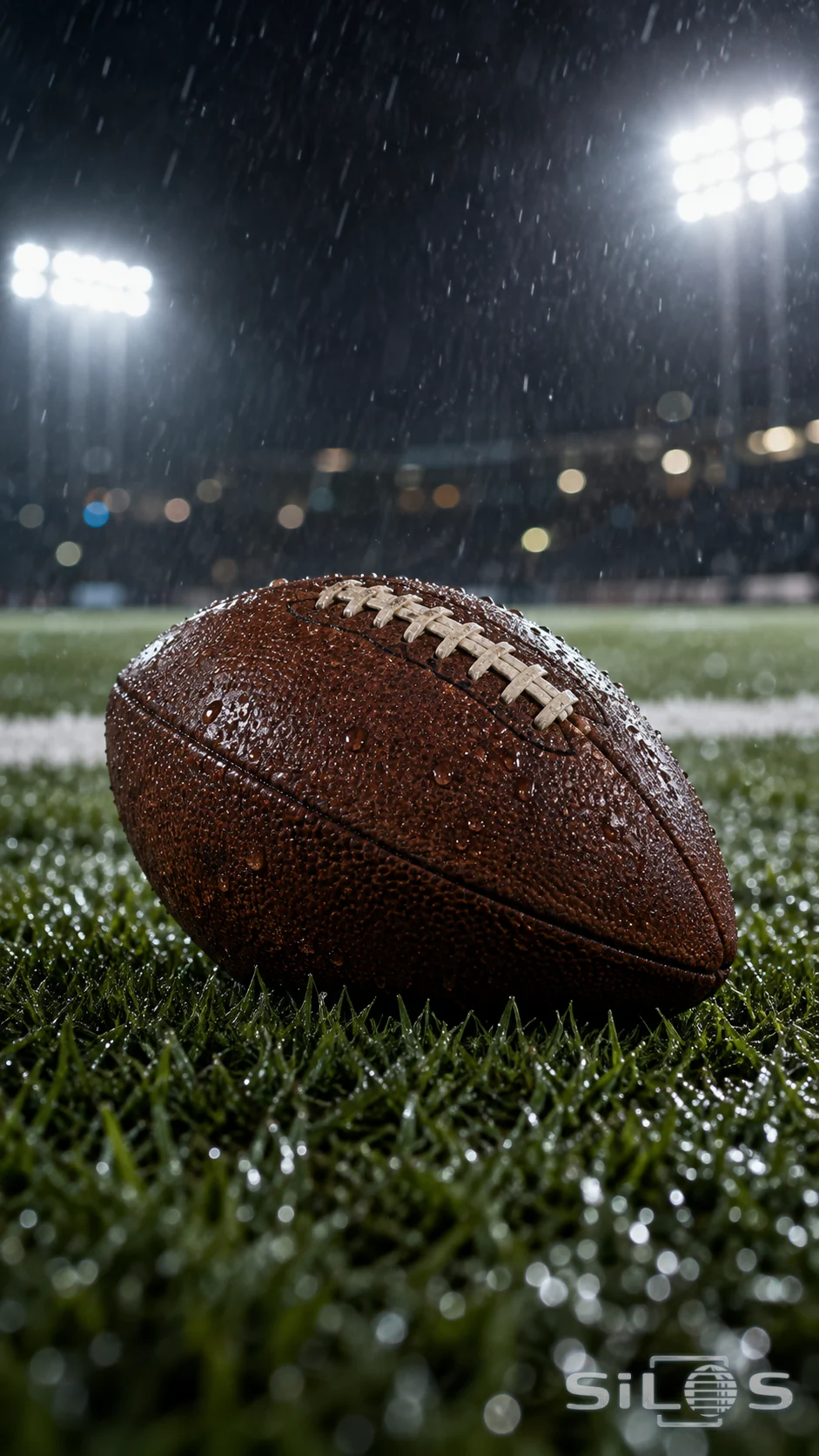 A worn leather football rests on wet green turf beneath stadium lights