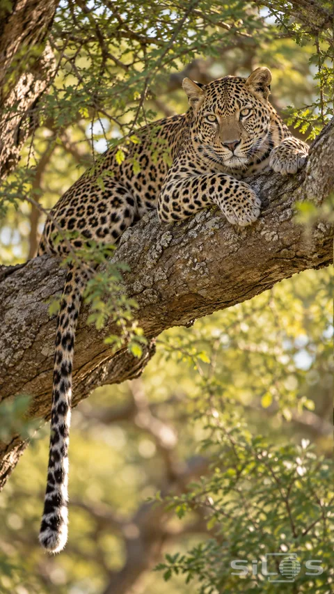 A leopard rests along an acacia limb in broken afternoon shade