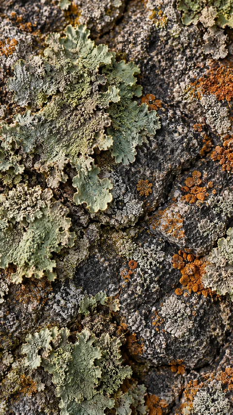 Pale green and ochre lichen forms an intricate patchwork across weathered charcoal stone