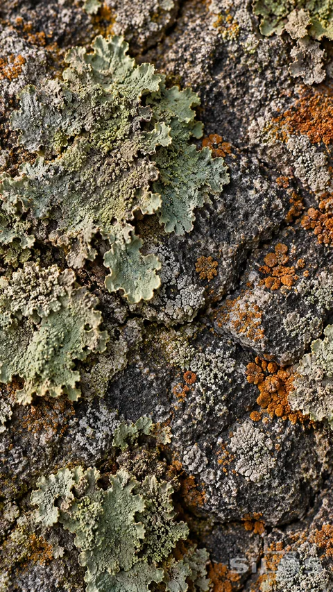 Pale green and ochre lichen forms an intricate patchwork across weathered charcoal stone