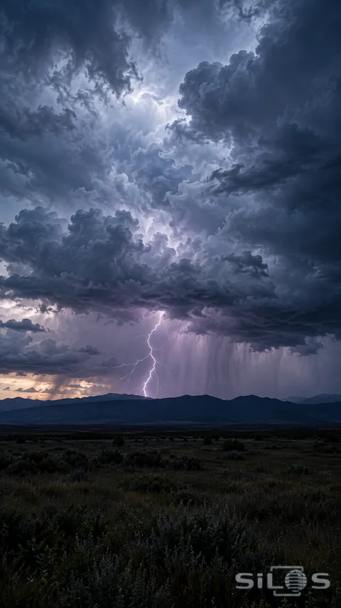 A single lightning fork lights the rain beneath a heavy storm cloud beyond a dark mountain ridge