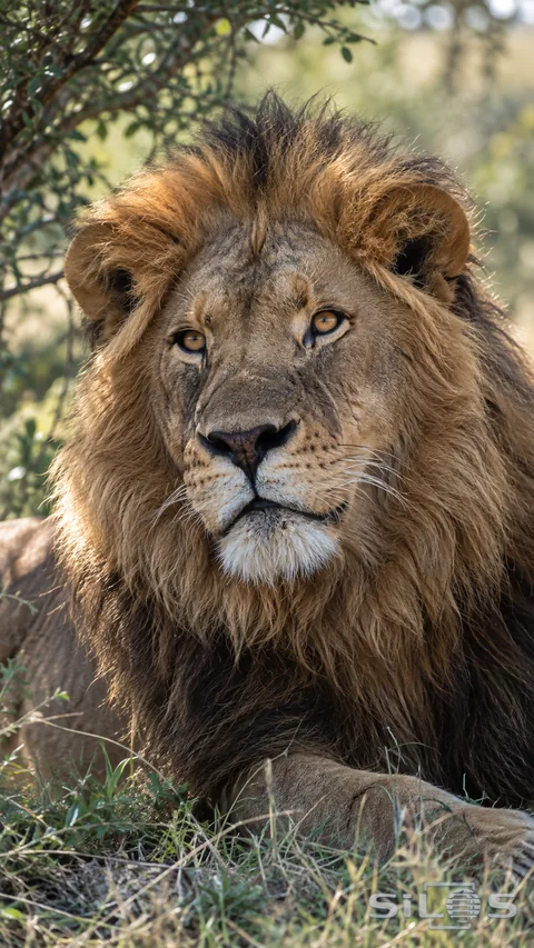 A lion rests in cool shade with a warm tawny mane and clear amber eyes
