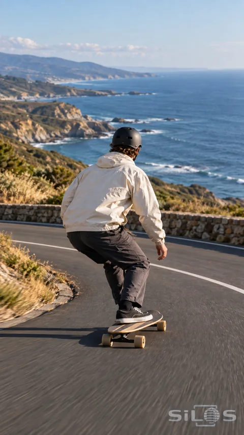 An adult longboarder follows a quiet dry coastal road above blue water
