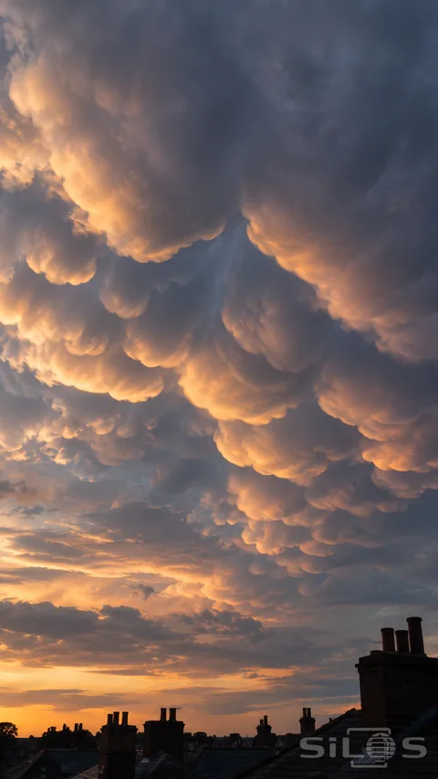 Rounded storm-cloud lobes catch pale light above quiet rooftops