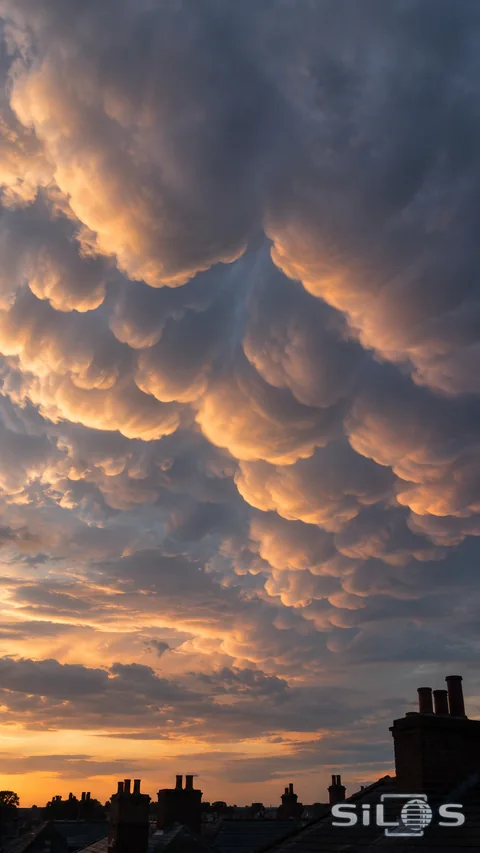 Rounded storm-cloud lobes catch pale light above quiet rooftops