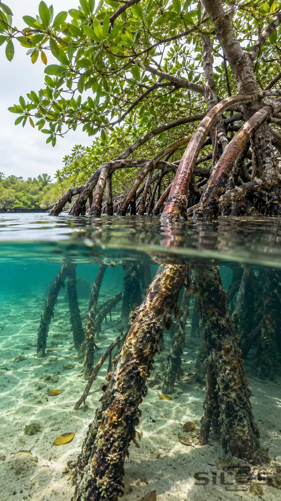 Arching mangrove roots continue below clear shallow water in a quiet coastal inlet