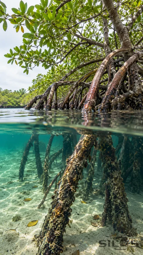 Arching mangrove roots continue below clear shallow water in a quiet coastal inlet