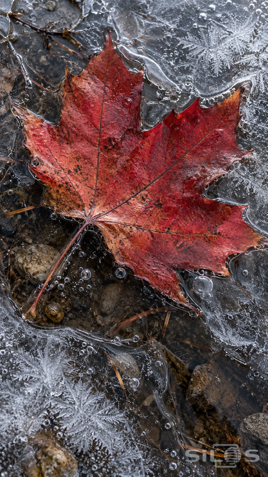A red maple leaf lies beneath a thin sheet of clear ice threaded with tiny bubbles