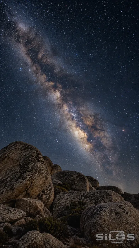 A soft band of stars stretches over weathered granite beneath a dark open sky