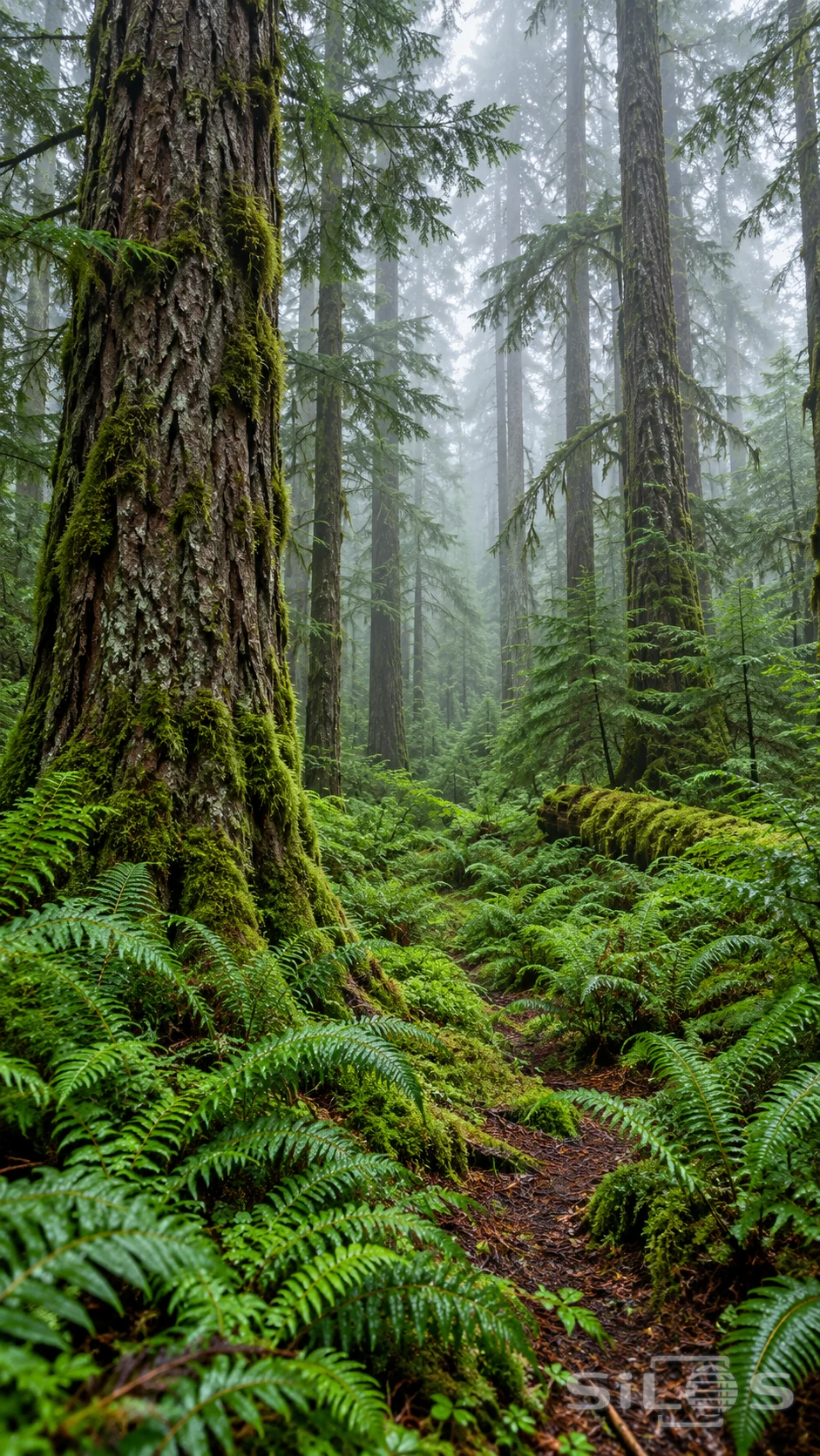 Tall moss-covered trunks fade into cool fog above a carpet of ferns
