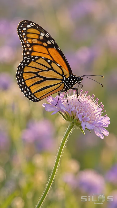 A monarch butterfly rests on a pale meadow flower against a soft lilac and green background