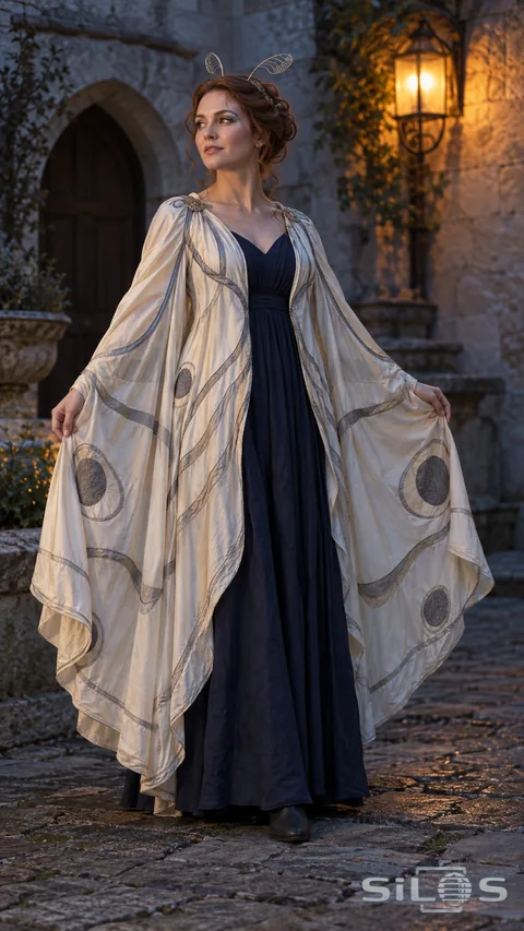 A handmade moth-inspired costume catches warm courtyard lamplight at dusk
