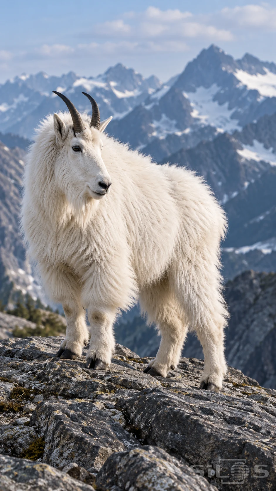 A shaggy white goat stands on a slate ridge above distant snowy peaks