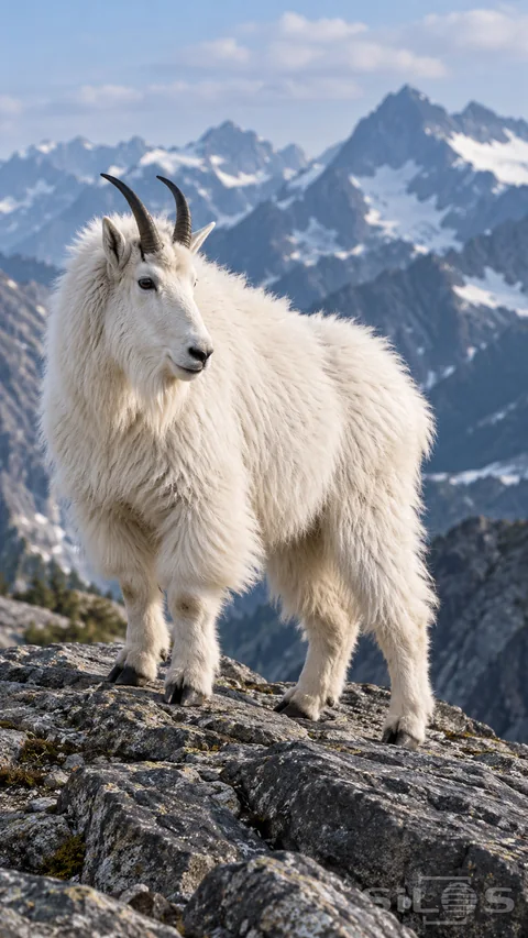 A shaggy white goat stands on a slate ridge above distant snowy peaks