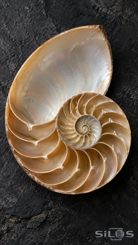 A polished shell cross-section reveals pearly spiral chambers against charcoal stone