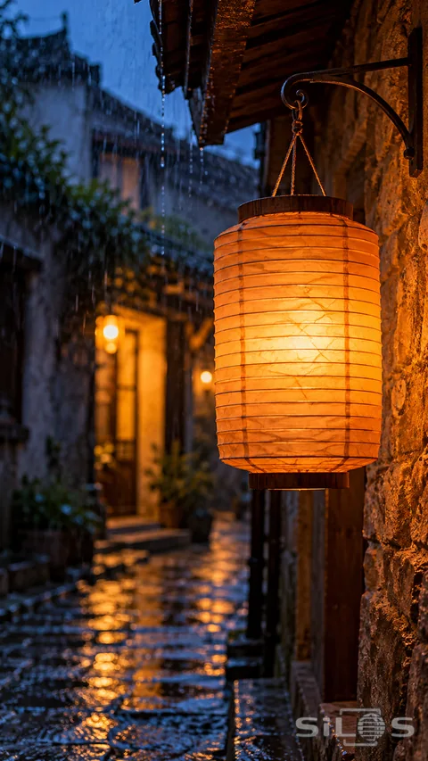 A handmade ochre paper lantern glows against rain-dark stone at blue hour