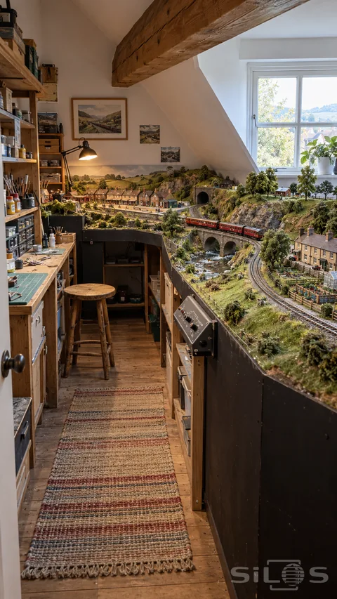 An unoccupied attic workshop contains a detailed model train layout with a viaduct, village, tunnel, shelves and workbench.