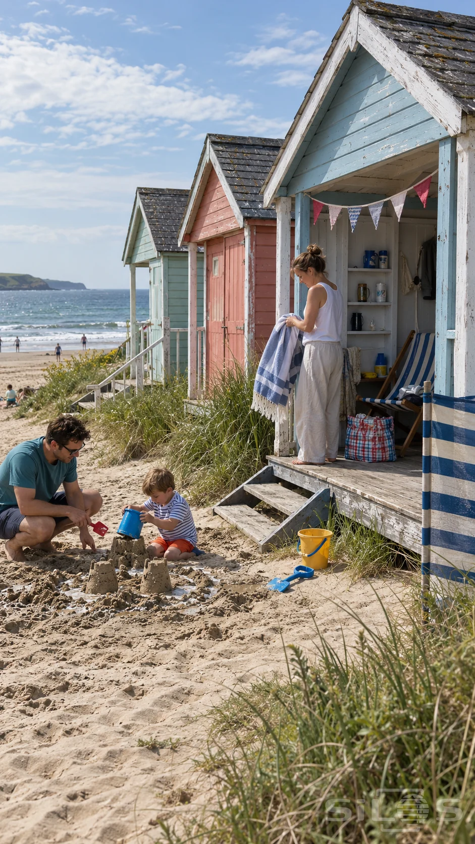 A father and child build sand towers while the mother handles a towel beside an open blue beach hut, with pastel huts and sea behind.