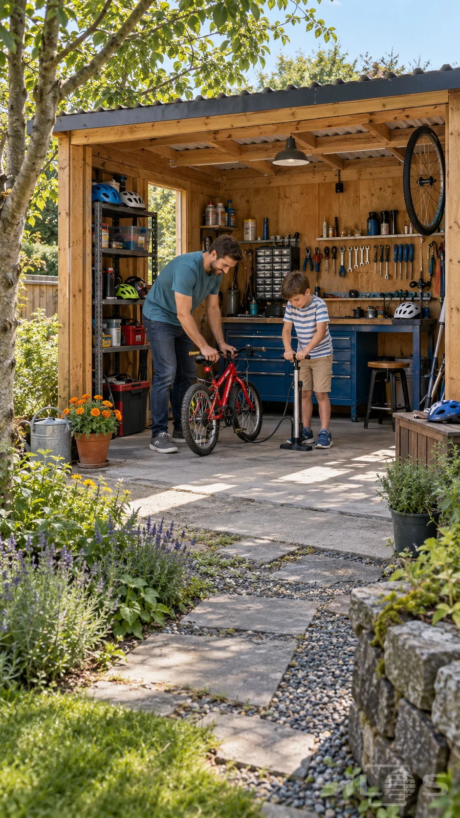 A father and son pump a small red bicycle in an open wooden workshop filled with tools, beside a planted garden path.