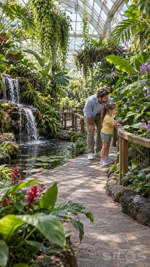 A father and daughter notice a butterfly beside a planted conservatory path; with a waterfall; pond and glazed roof.