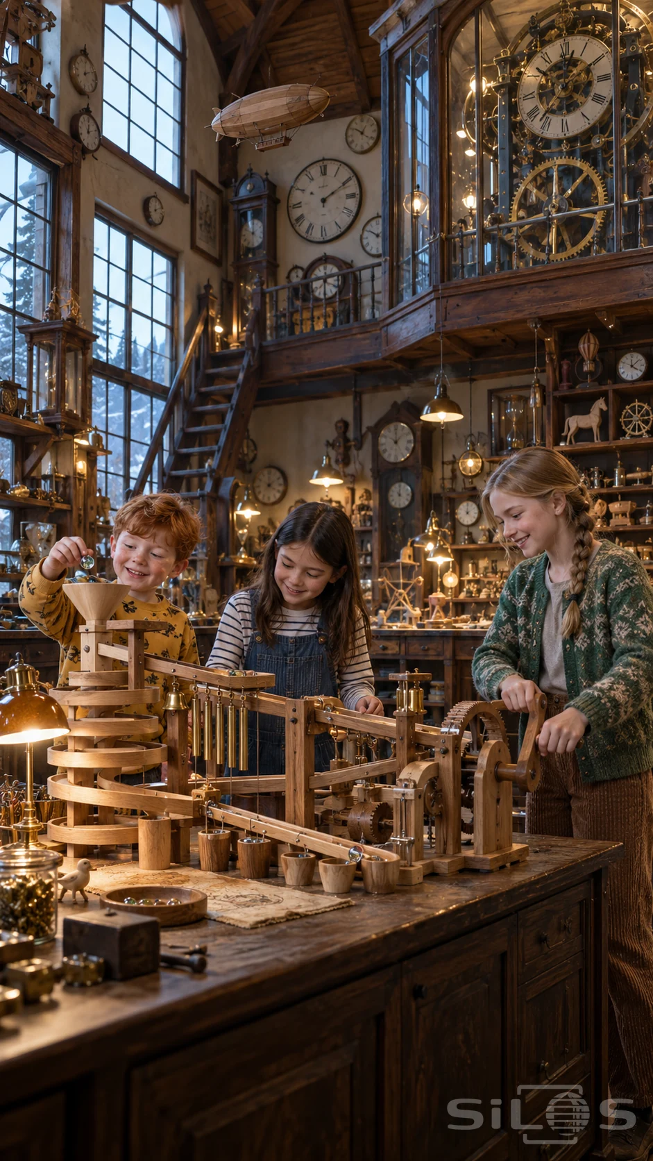 Three children operate a handmade wooden marble-and-chime machine in a tall clockmaker workshop filled with brass mechanisms, clocks and wooden toys.