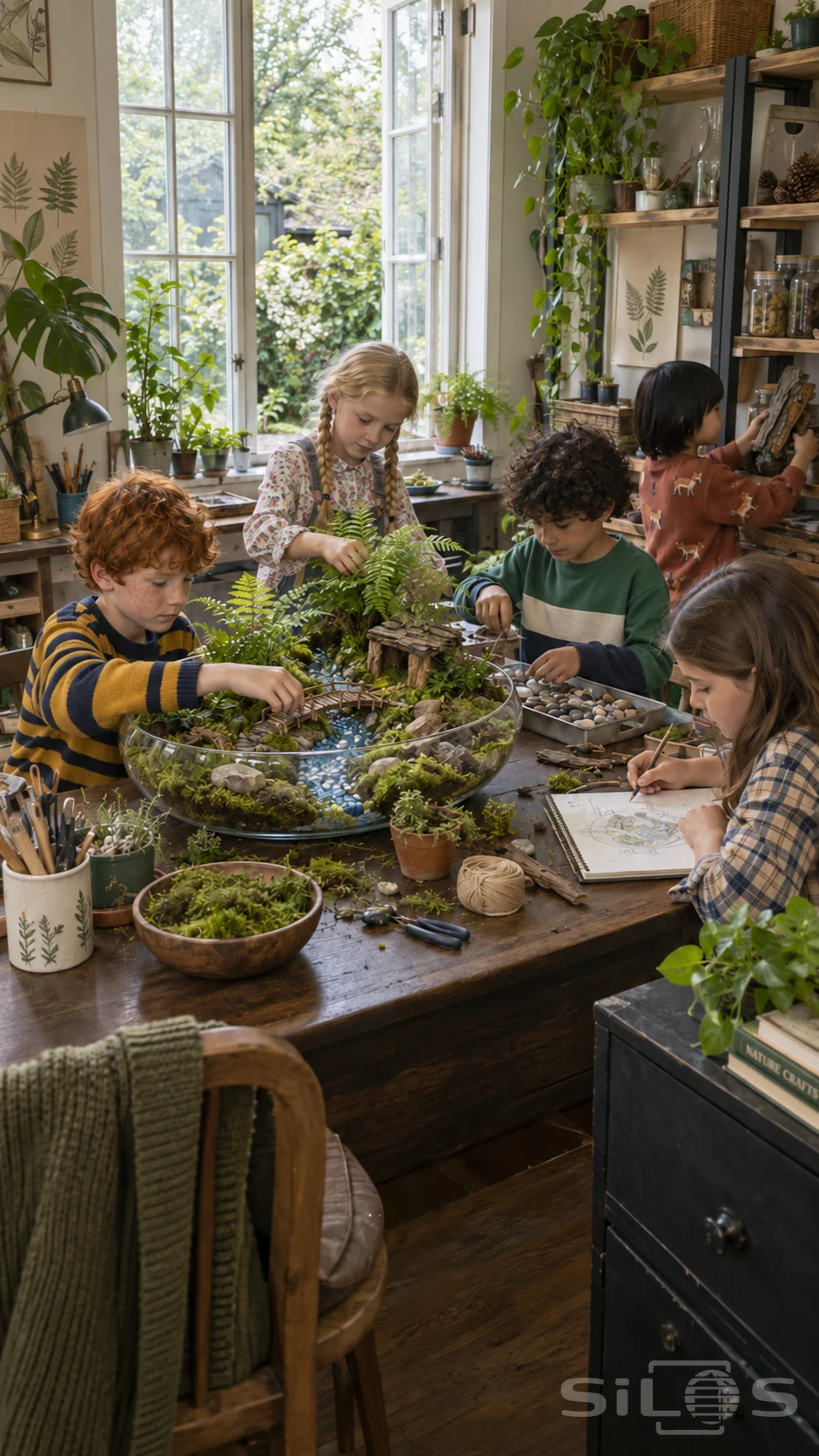 Five friends assemble a miniature jungle with a twig bridge, blue-pebble river and bark shelter in a plant-filled workshop.