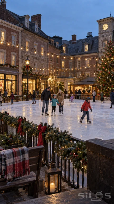 Parents help a helmeted child skate while another child moves ahead in a courtyard decorated with evergreen garlands and string lights.