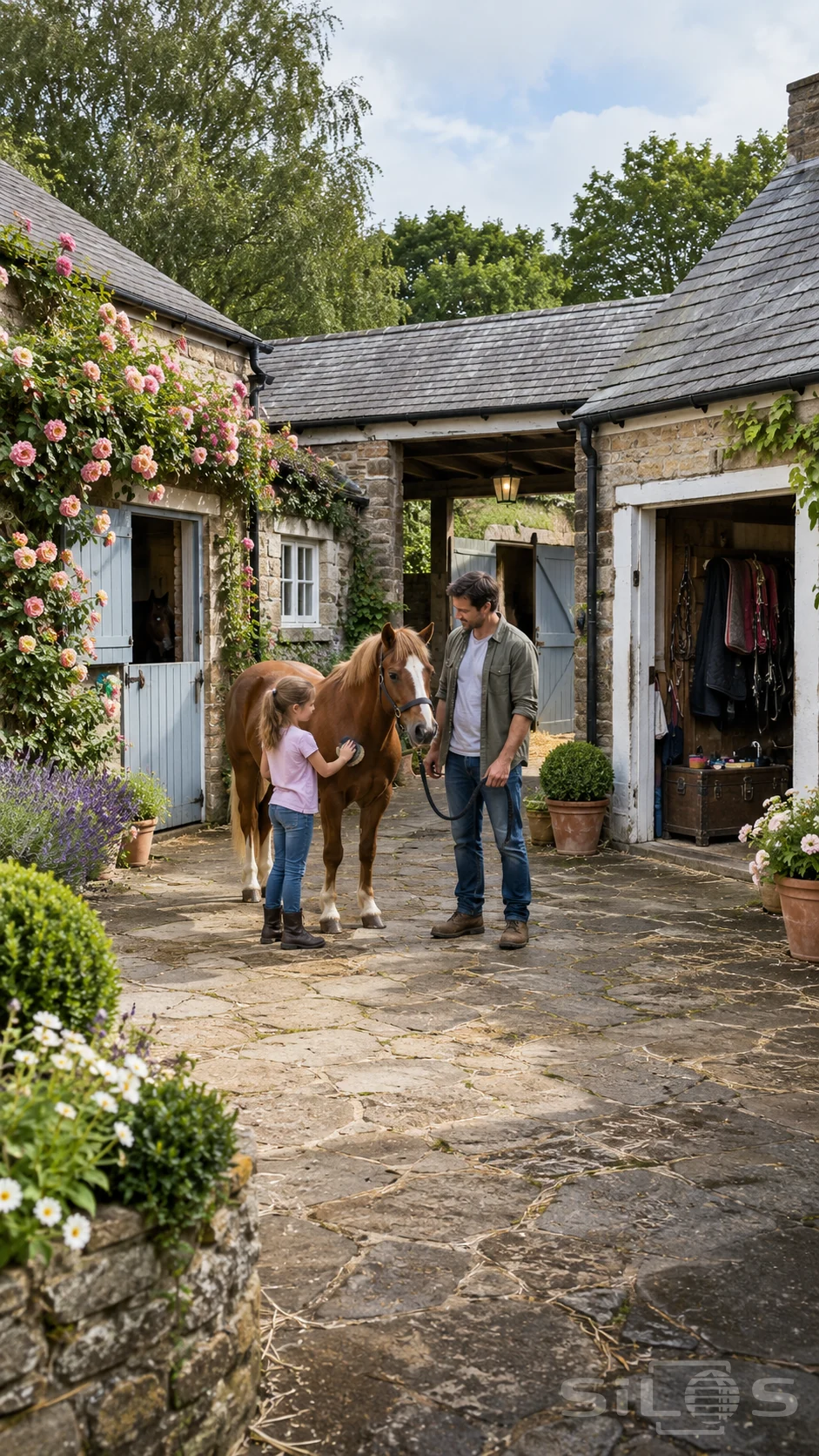 A father holds a pony’s lead while his daughter brushes its shoulder in a flower-filled stone courtyard with open stable and tack-room doors.