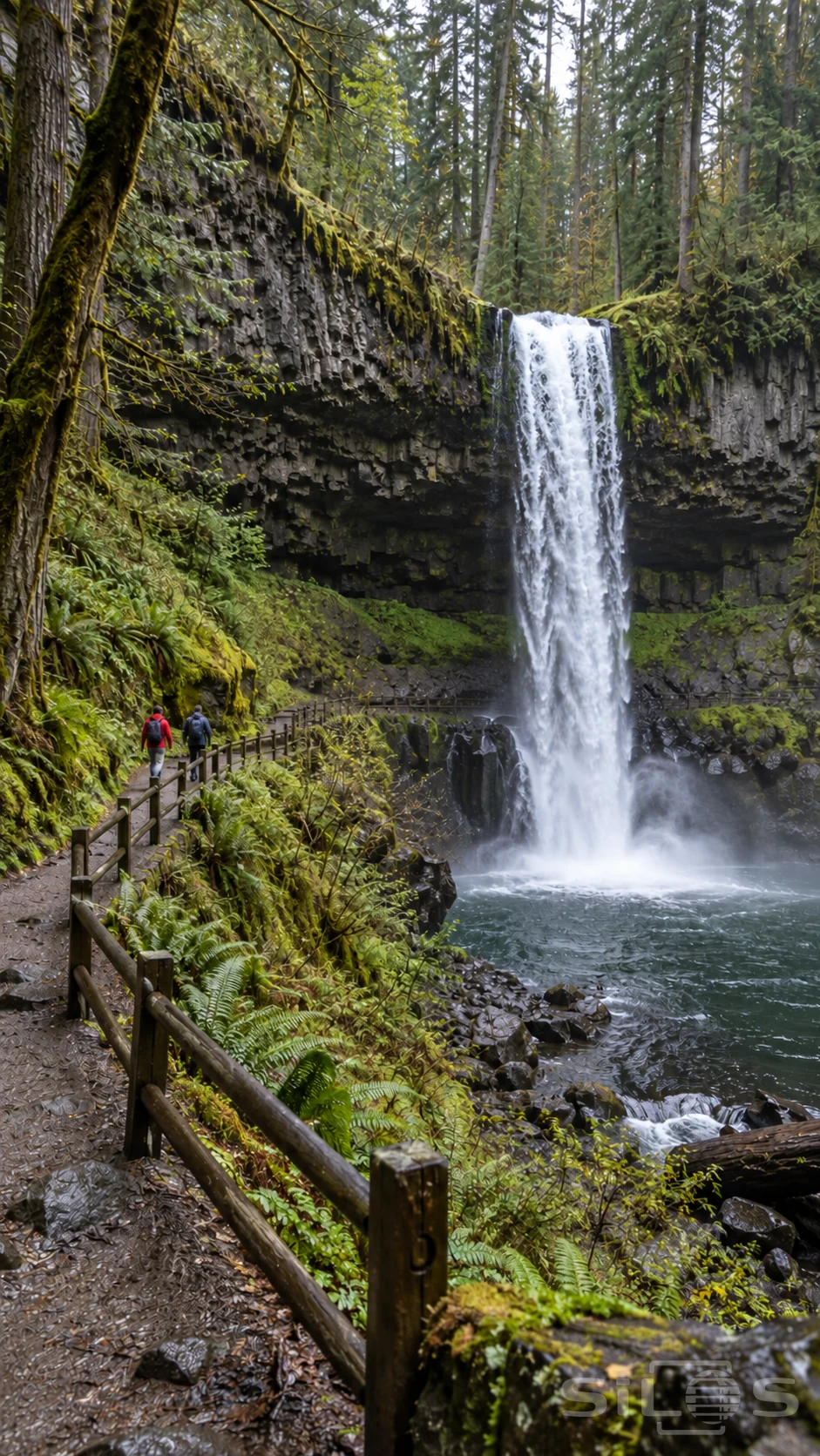 Two small hikers walk on a railed forest trail beside a waterfall dropping over basalt into a dark pool.