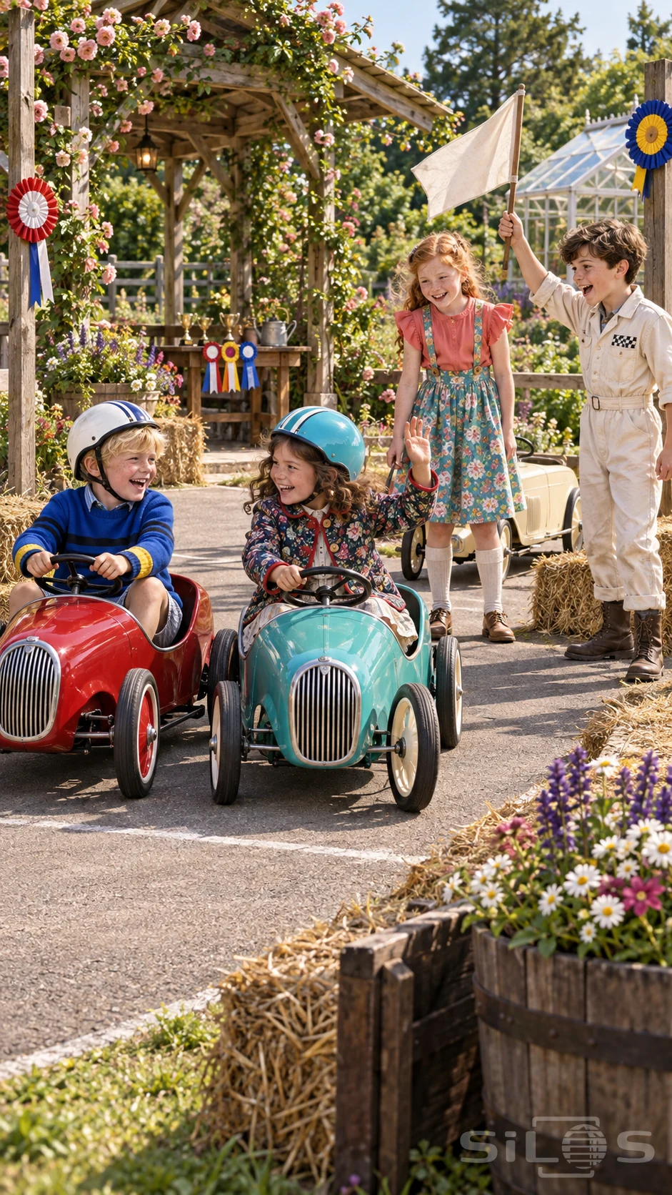 Four children laugh and exchange looks at a flower-filled garden pedal-car rally, with colorful cars, patterned outfits, a starting pennant and a rose-covered pavilion.