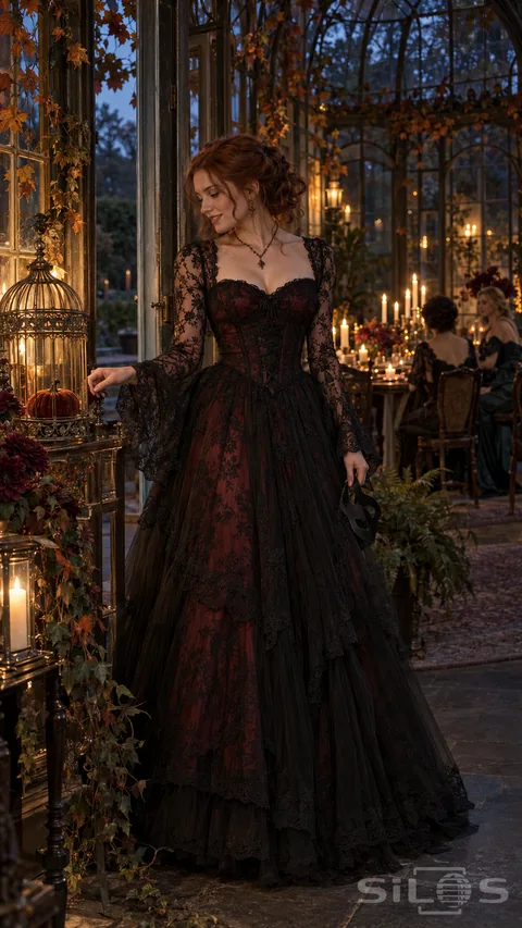 A young woman in a garnet and black lace costume gown pauses beside a tiny velvet pumpkin in a gilded birdcage, with candlelit supper guests beyond the autumn-decorated conservatory door.