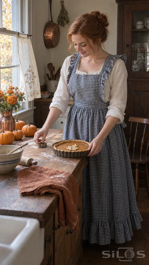 A young woman in a navy gingham apron dress and cream blouse finishes a pumpkin tart beside a bright kitchen window, copper marigold vase and small autumn pumpkins.