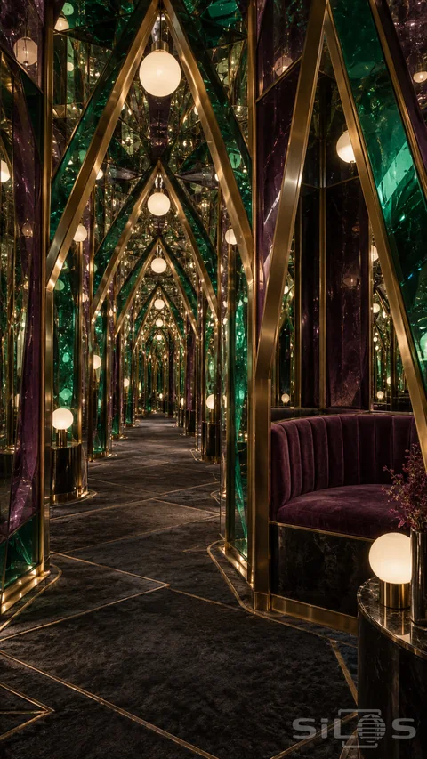 An unoccupied emerald and plum mirror promenade with brass geometric frames, opal globe lights, dark carpet and a curved velvet alcove.