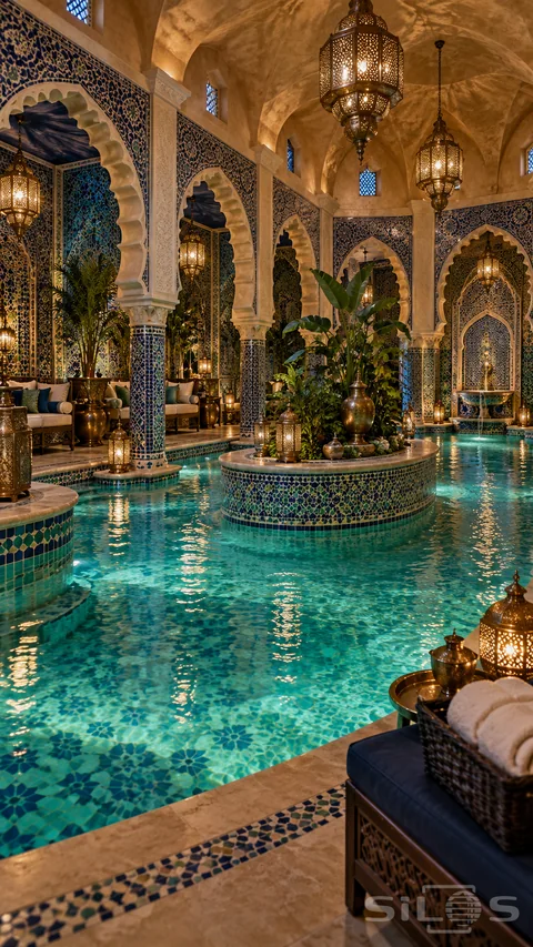 An elaborate unoccupied mosaic pavilion surrounds turquoise water with scalloped arches, pierced lanterns, plants and cushioned alcoves.