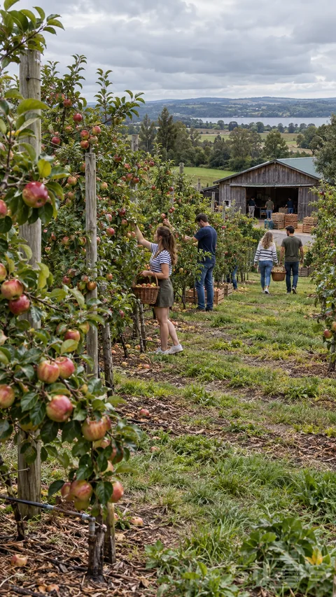 Young visitors gather apples along supported orchard rows leading toward a timber packing shed.