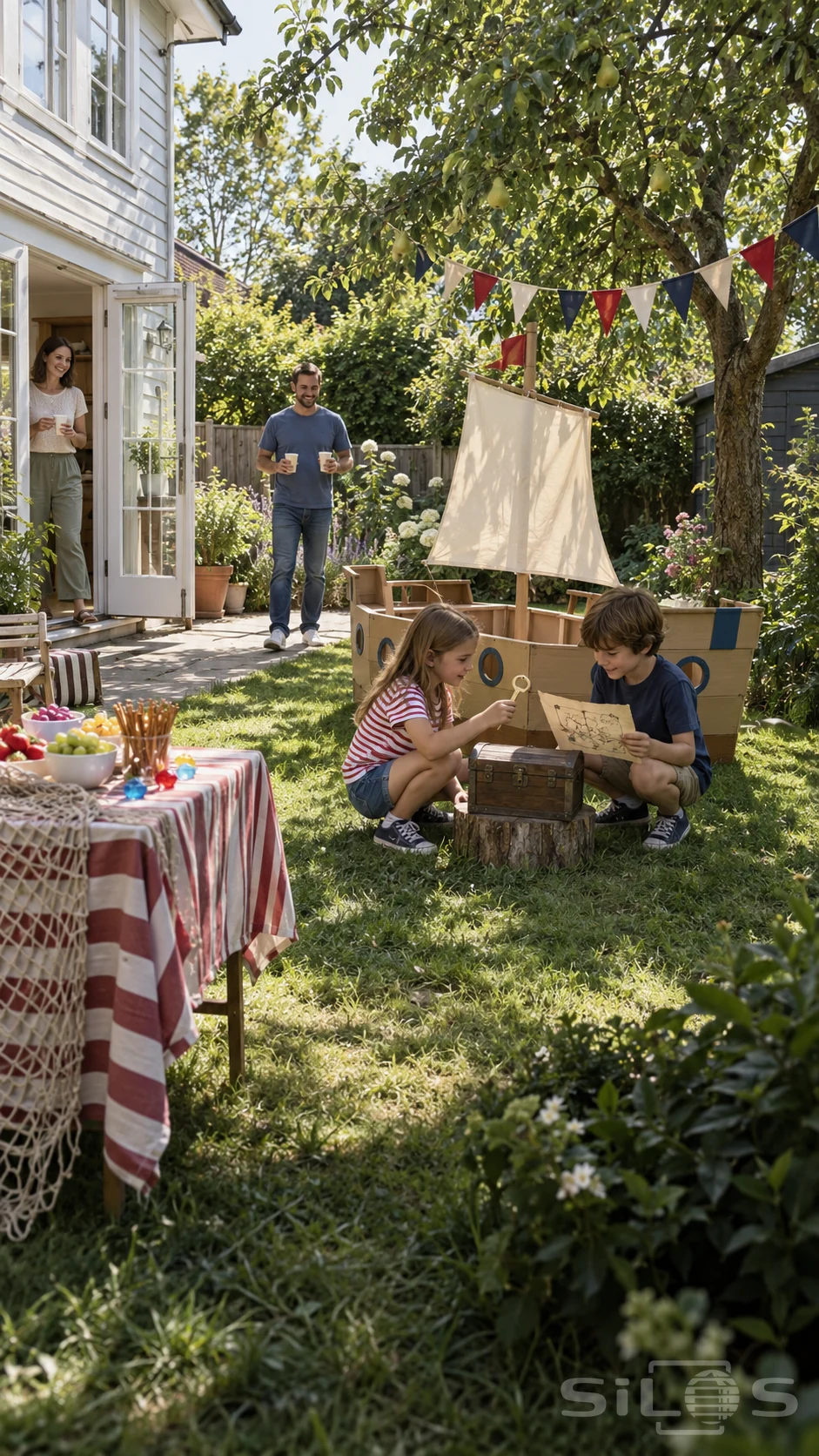 Two children crouch by a toy chest and map beside a cardboard sailboat while their parents stand near a garden doorway.