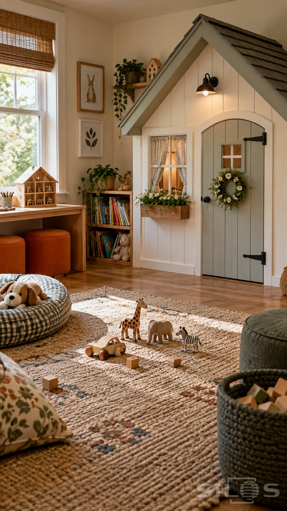 An unoccupied cottage playroom has a curtained playhouse window, books, orange stools and wooden toys on a woven rug.