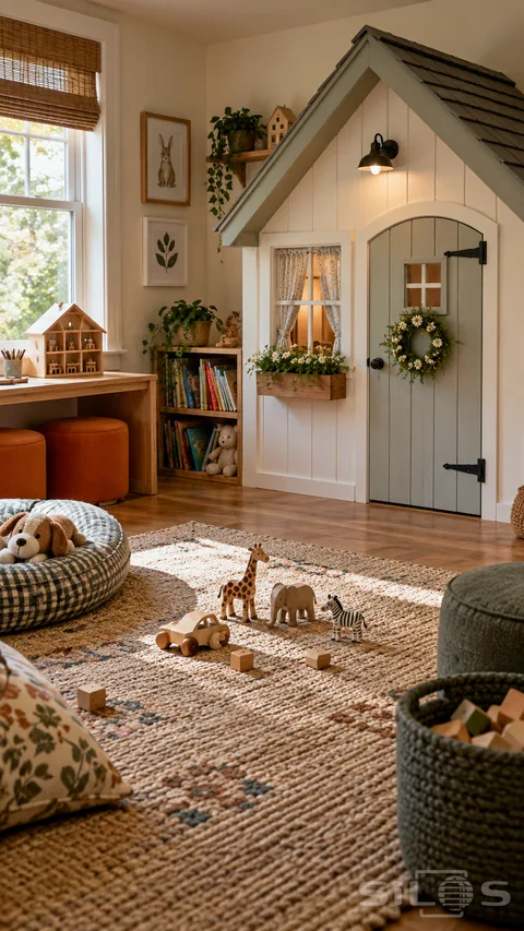 An unoccupied cottage playroom has a curtained playhouse window, books, orange stools and wooden toys on a woven rug.