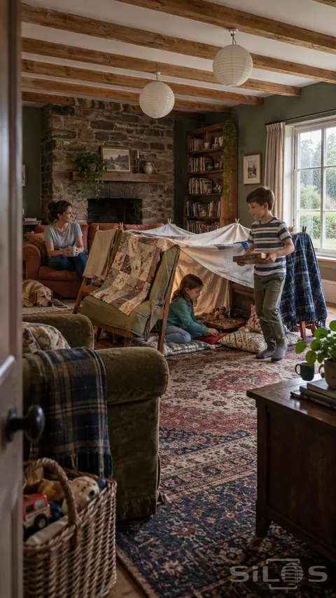 Children play around a low sheet fort in a furnished sitting room while their mother sits nearby and a dog rests beside the sofa.