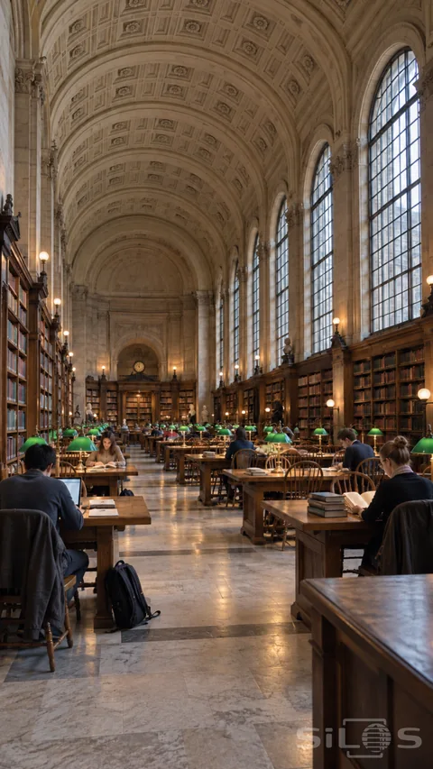 Daylight falls through tall windows onto oak reading tables and green lamps beneath a carved stone vault.