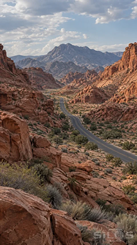 An empty winding road threads through a broad sandstone canyon beneath a clouded sky.