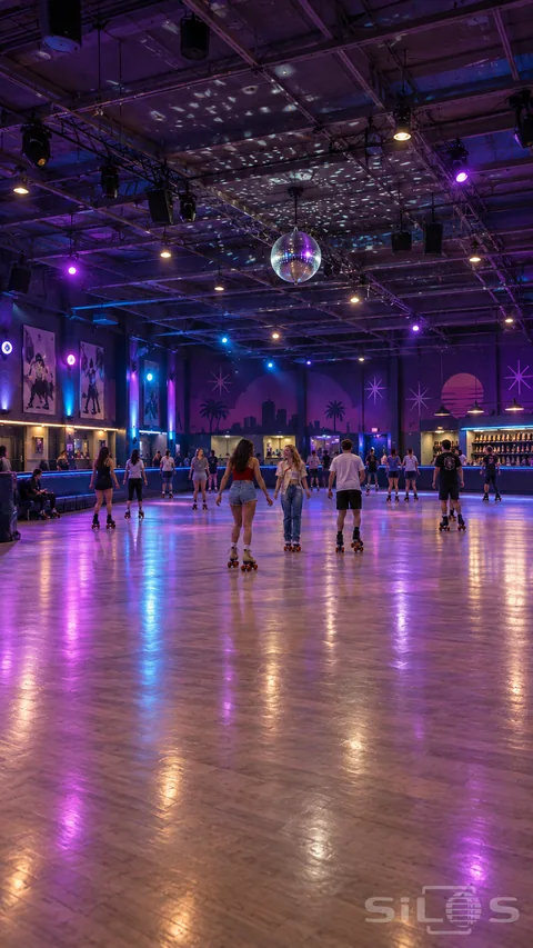 A wide roller-rink interior with a disco ball; wall murals; rental counter and small groups of skaters.