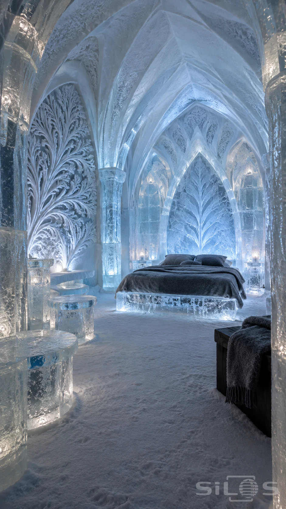 An unoccupied sculpted ice suite with branching frost reliefs, translucent columns and a dark wool-covered bed beneath a grand vaulted ceiling.