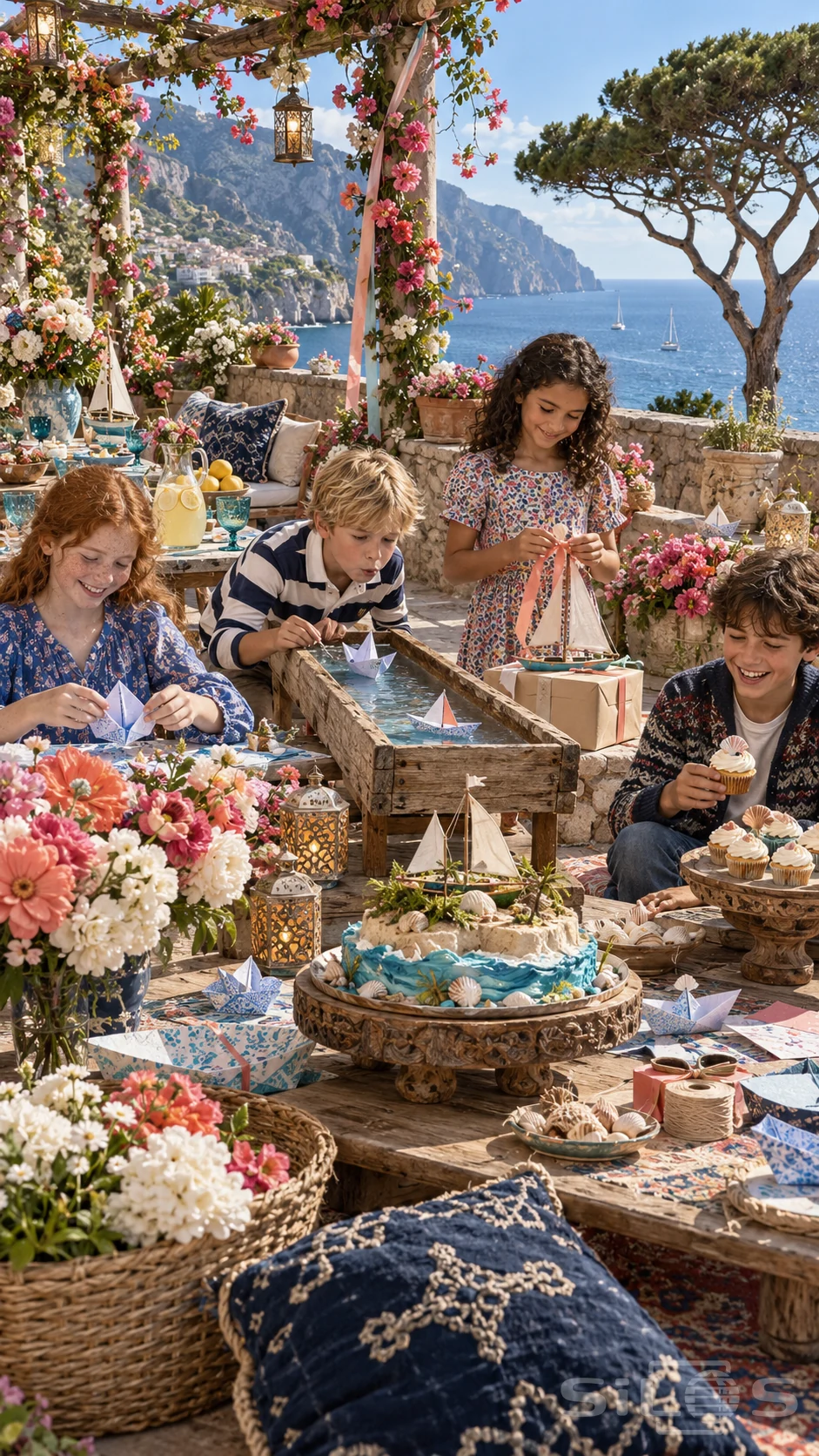 Four children fold and race paper boats, decorate a sailboat and enjoy birthday treats amid flowers, lanterns and a sailing-island cake on a seaside terrace.