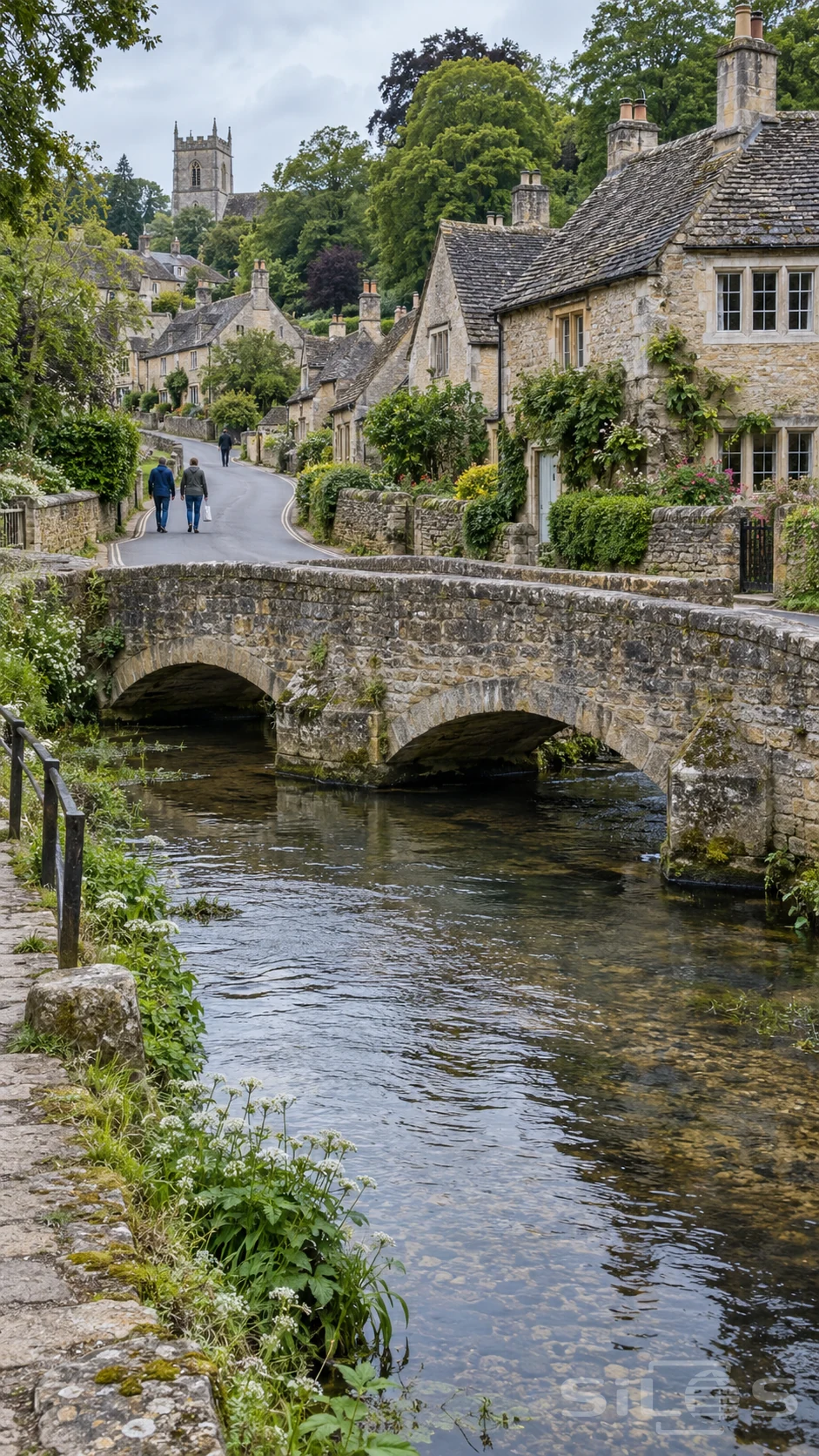 A low stone bridge crosses a clear stream below limestone cottages and a gently bending village lane.