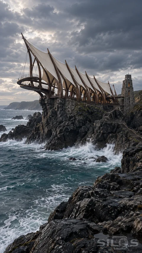 An unoccupied sailcloth and timber pavilion rises from dark coastal rock; with a stone tower; winding steps and breaking waves under dramatic gray clouds.